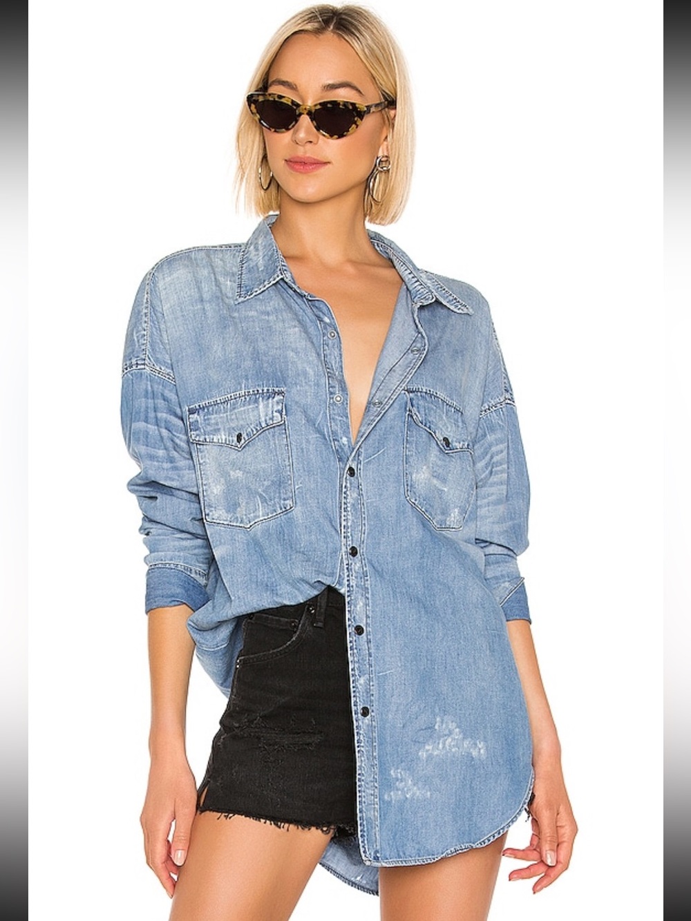 NSF | Distressed Western Boyfriend Chambray Soft Denim Snap Front Shirt Sz L